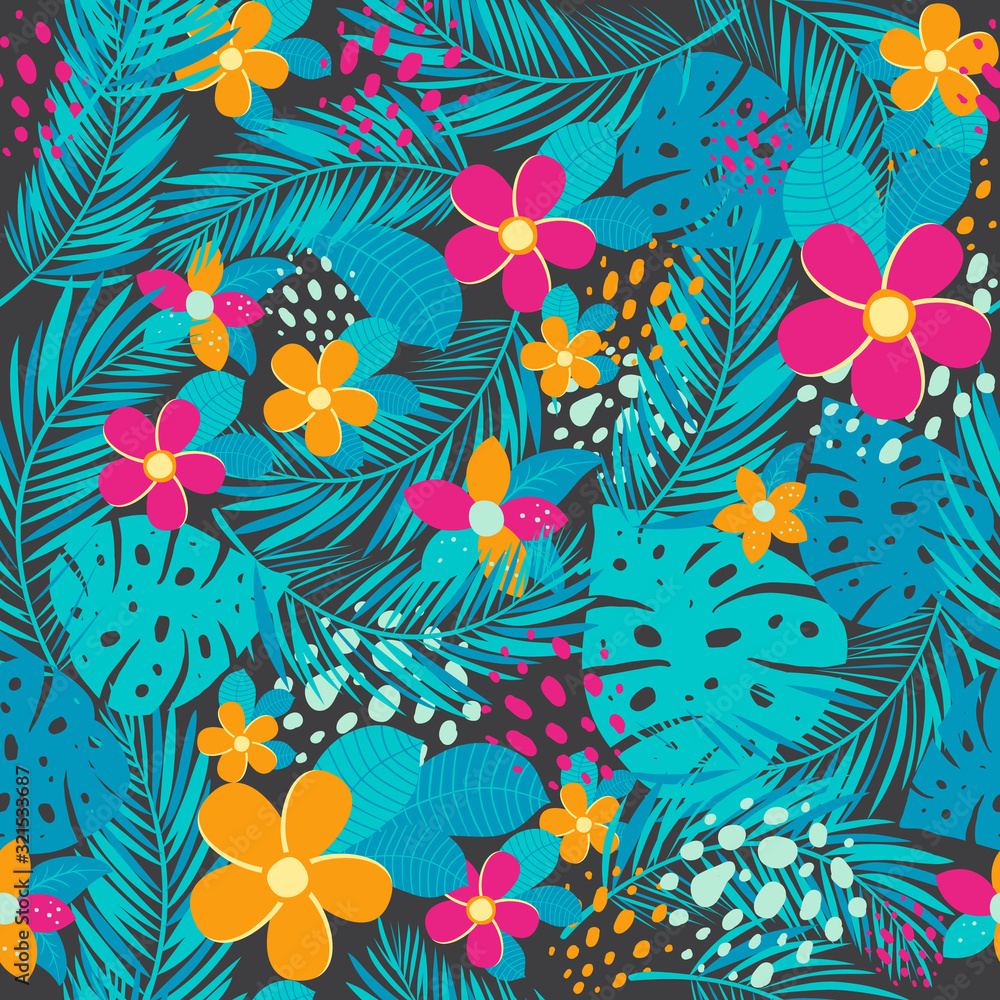 Fototapeta premium Tropical seamless pattern with palm leaves and flowers. Vector illustration.