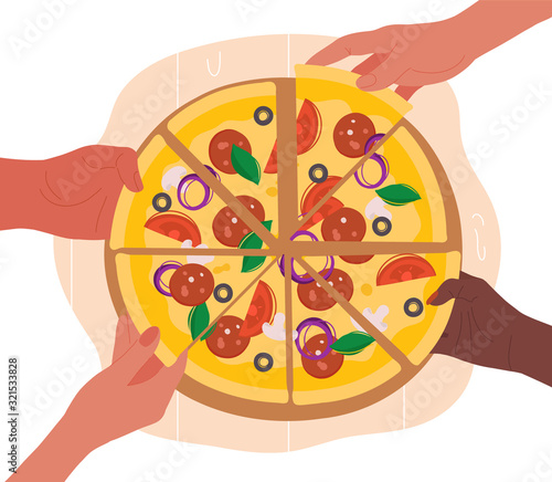 Diverse hands taking slices of pizza from board