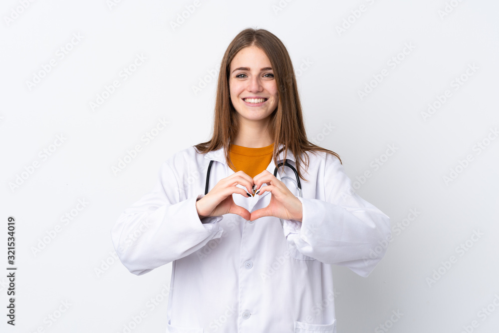 Young woman over isolated background wearing a doctor gown making a heart with hands Young woman over isolated background wearing a doctor gown making a heart with hands