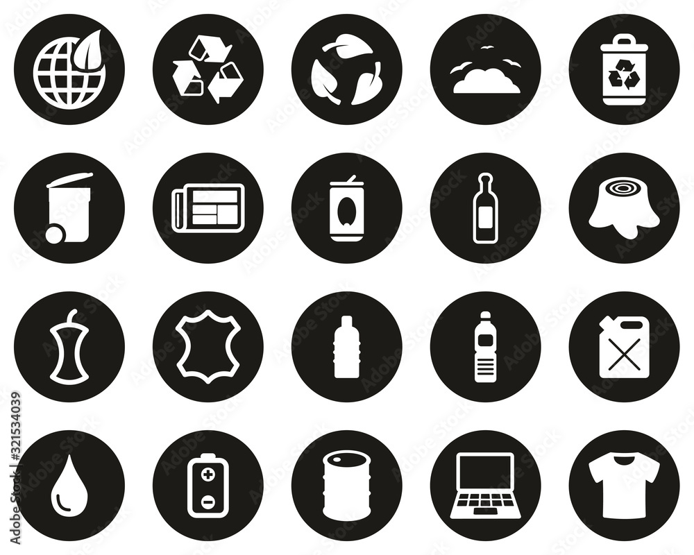 Recycling Or Upcycling Icons White On Black Flat Design Circle Set Big