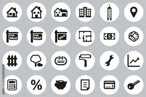 Real Estate Market Icons Black & White Flat Design Circle Set Big