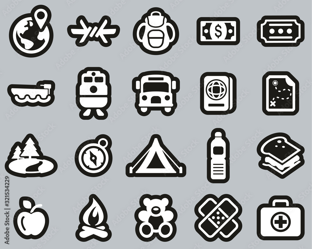 Refugees & Migrants Icons White On Black Sticker Set Big Refugees & Migrants Icons White On Black Sticker Set Big