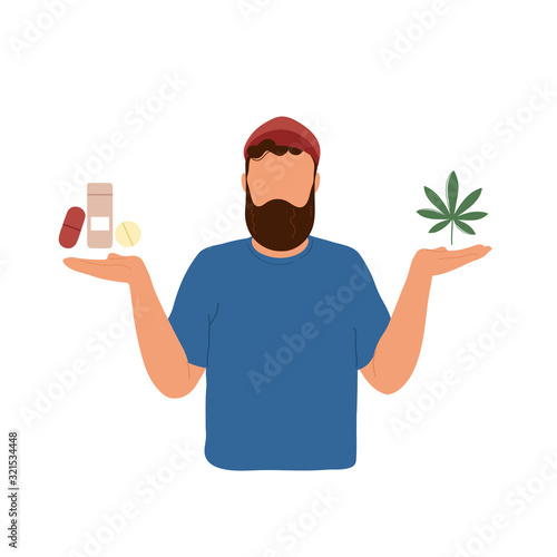 Man choosing painkillers or medical marijuana