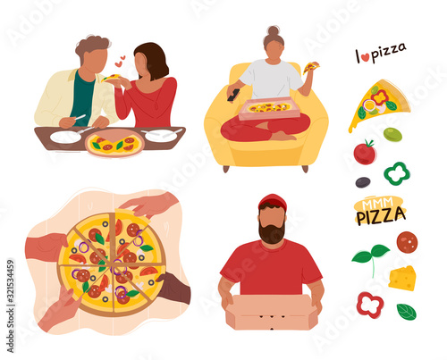 Set of people with pizza