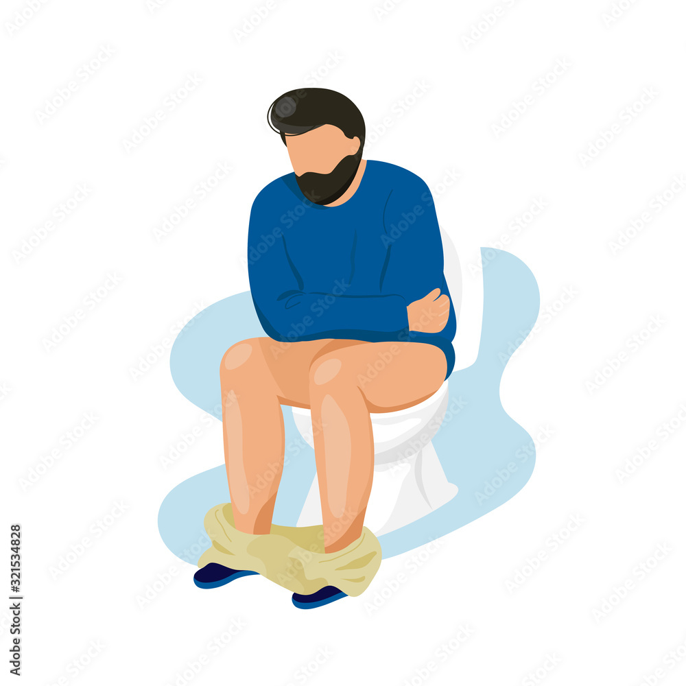 Man with diarrhea sitting on toilet bowl