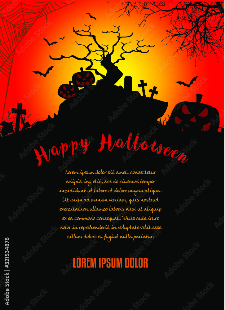 Halloween poster template with scary cemetery and zombie background with seamless pattern of a pumpkins