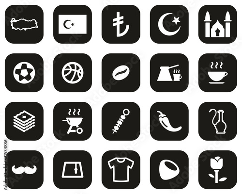 Republic Of Turkey Country   Culture Icons White On Black Flat Design Set Big