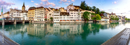 Zurich. Scenic panoramic view of the city promenade and at dawn. © pillerss