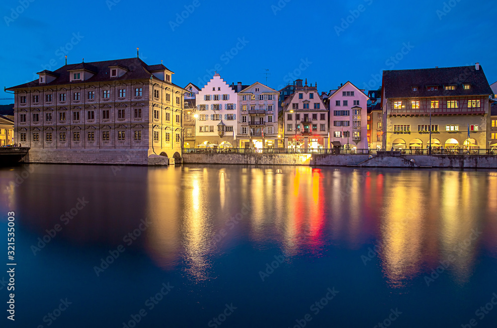 Zurich. Scenic panoramic view of the city promenade and at dawn.