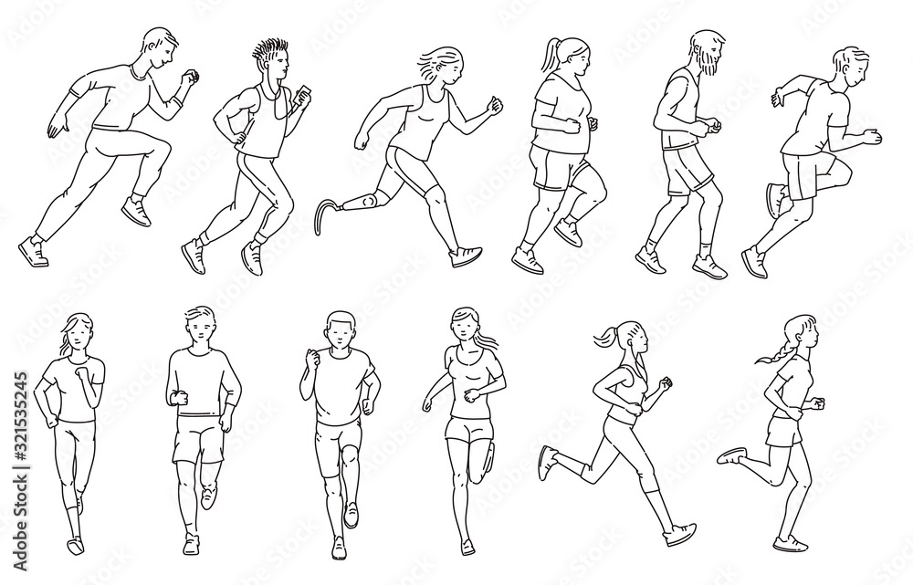 Cartoon people running a marathon - isolated set of runner crowd