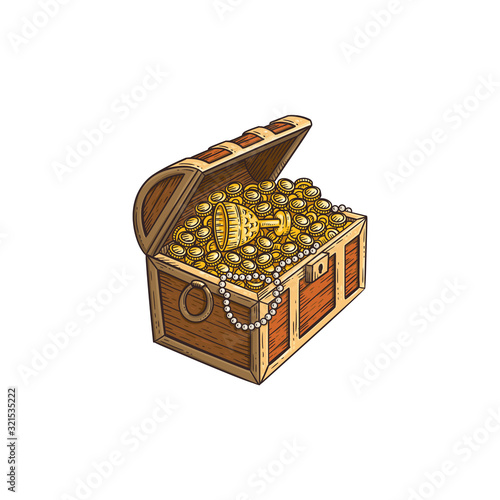 Wooden treasure chest with gold coins cartoon sketch vector illustration isolated.