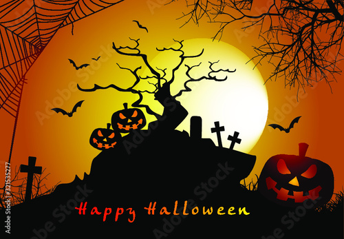 Halloween poster template with scary cemetery and zombie background with seamless pattern of a pumpkins