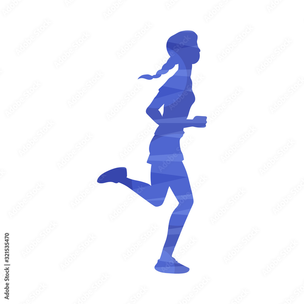 Woman running marathon or jogging, abstract effect vector illustration isolated.
