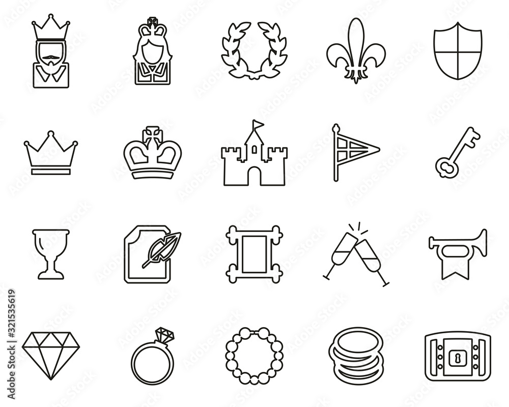 Naklejka premium Royalty Or Royal Blood Icons Black & White Thin Line Set Big