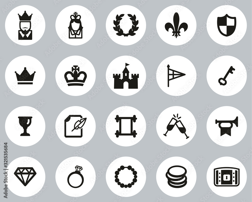 Royalty Or Royal Blood Icons Black & White Flat Design Circle Set Big