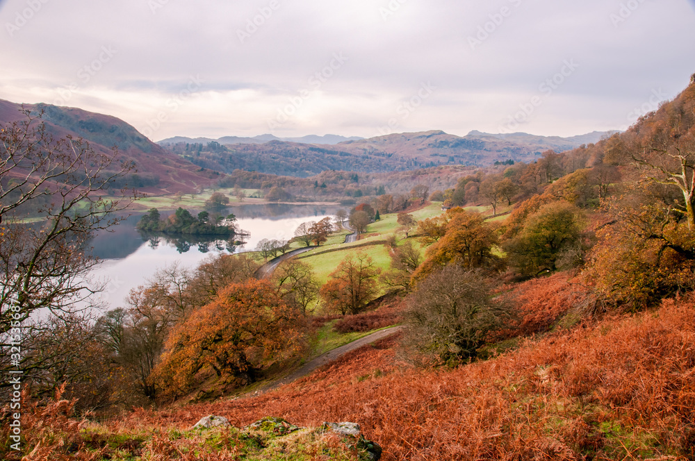 Rydal Water Lake panorama from the hills during an autumn afternoon in the Lake District, UK
