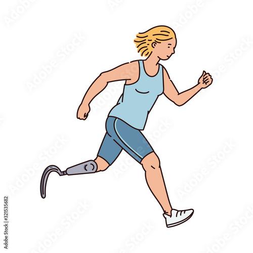 Cartoon runner woman with artificial leg running forward