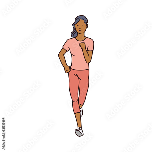 Cartoon woman running seen from front view - drawing of female runner athlete