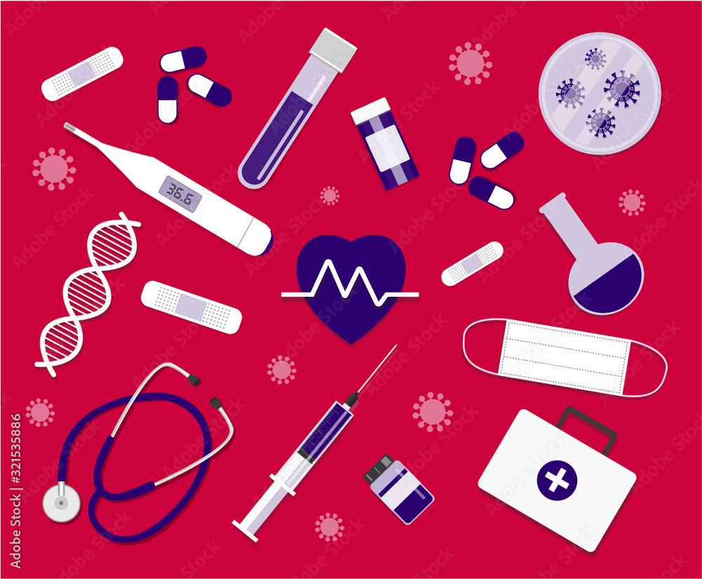 A set of medical equipment. Vector illustration in a flat cartoon style. Stethoscope, test tube with blood, heart, patch, petri dish, first aid kit, mask, syringe, vaccine, pills, DNA, thermometer. A set of medical equipment. Vector illustration in a flat cartoon style. Stethoscope, test tube with blood, heart, patch, petri dish, first aid kit, mask, syringe, vaccine, pills, DNA, thermometer.