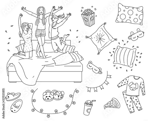 Sleepover slumber party element set in coloring book line art style