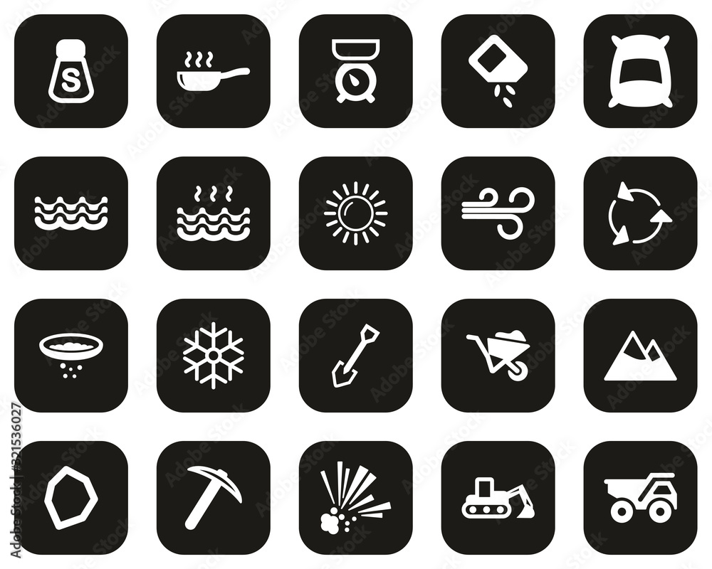 Salt & Salt Mining Icons White On Black Flat Design Set Big Salt & Salt Mining Icons White On Black Flat Design Set Big