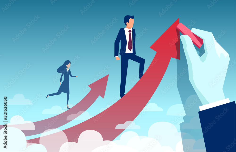 Vector of a businesswoman climbing up her own career path while businessman being supported by corporate hand Vector of a businesswoman climbing up her own career path while businessman being supported by corporate hand