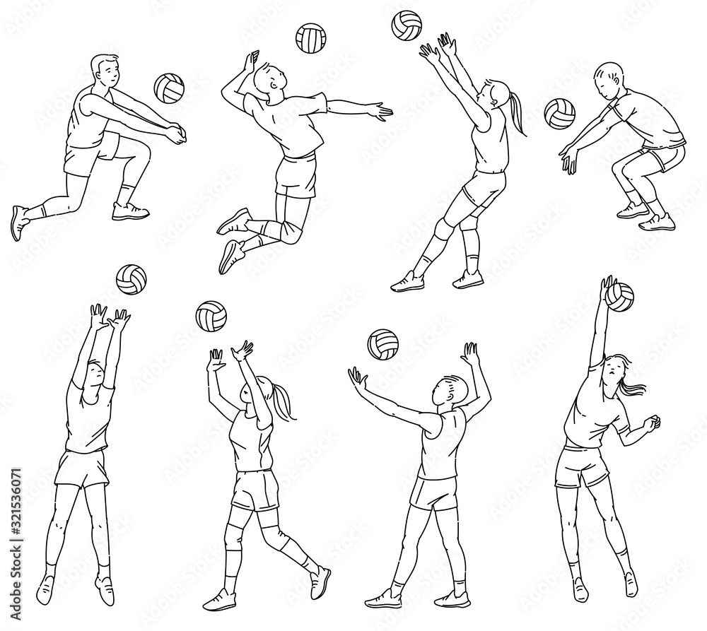 Volleyball players line silhouettes set of sketch vector illustrations ...