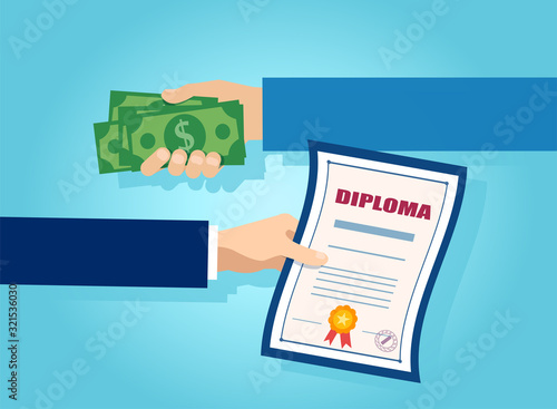 Vector of one hand offering money in exchange for a diploma