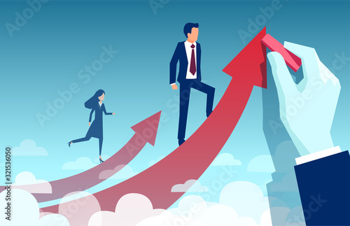 Vector of a businesswoman climbing up her own career path while businessman being supported by corporate hand