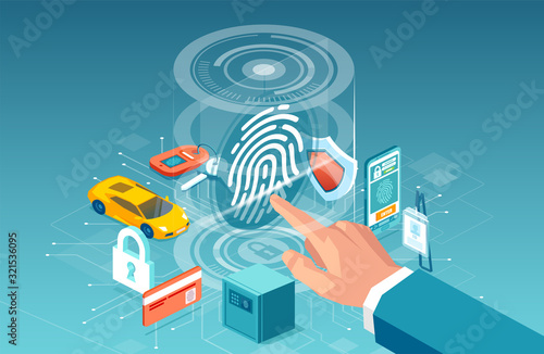 Vector of a businessman using digital touch scan identification system to gain access