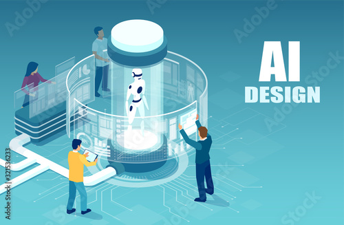Vector of software engineers working with a robot with using virtual interface