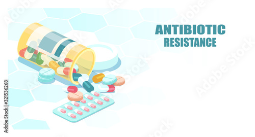 Vector of antibiotic capsules spilling out bottle.
