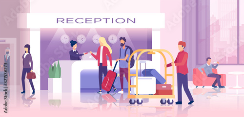 Vector of a hotel reception with travelers checking in