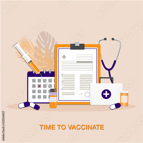 Modern flat concept illustration with syringe with vaccine, bottle, calendar, patient card and pills.