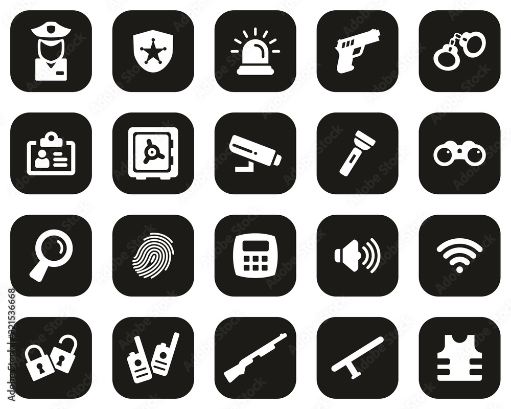 Security System & Equipment Icons White On Black Flat Design Set Big Security System & Equipment Icons White On Black Flat Design Set Big
