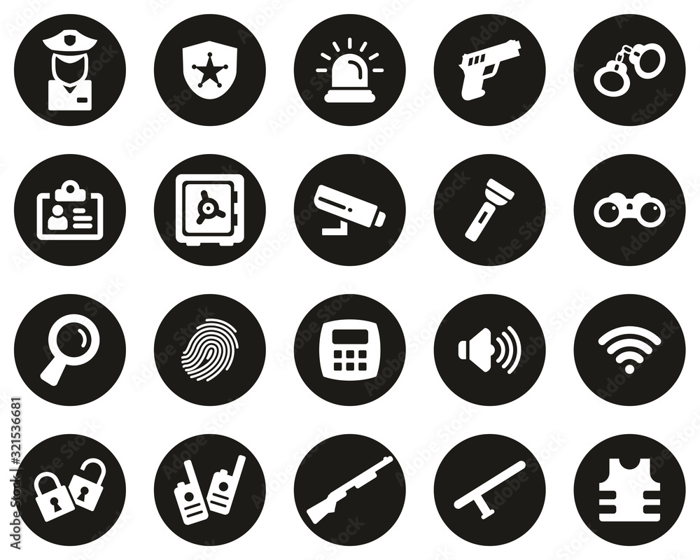 Security System & Equipment Icons White On Black Flat Design Circle Set Big Security System & Equipment Icons White On Black Flat Design Circle Set Big