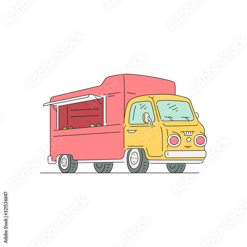 Empty red and yellow food truck isolated on white background