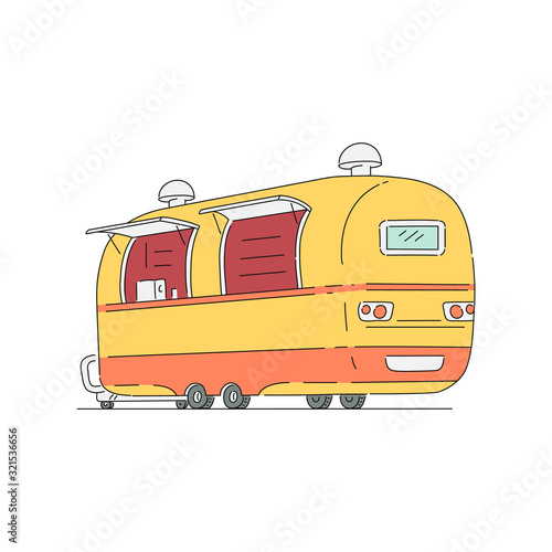 Trade truck for fast food mobile cafe sketch vector illustration isolated.