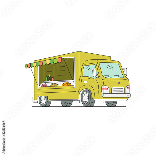 Vending trade truck for street food sketch vector illustration cartoon isolated.