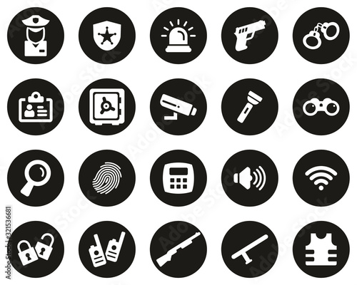 Security System & Equipment Icons White On Black Flat Design Circle Set Big