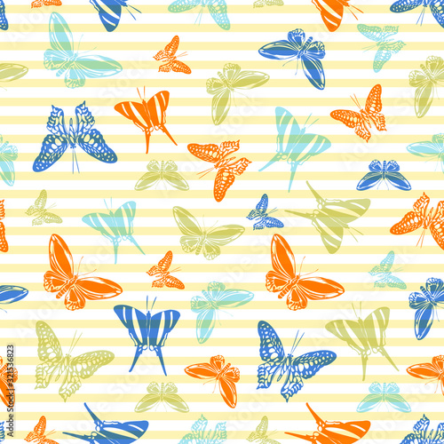 Flying butterfly silhouettes over striped background vector seamless pattern.