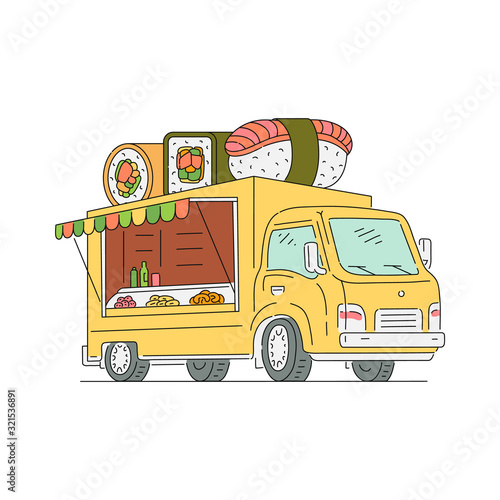 Street food Sushi and Japanese truck sketch cartoon vector illustration isolated.