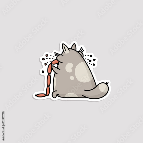 Cute fat funny glutton cat eating sausages cartoon vector illustration isolated.