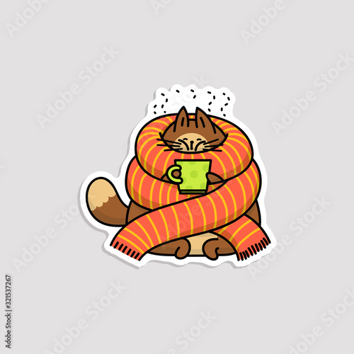Cat character in sweater and with cup of drink, vector illustration isolated.