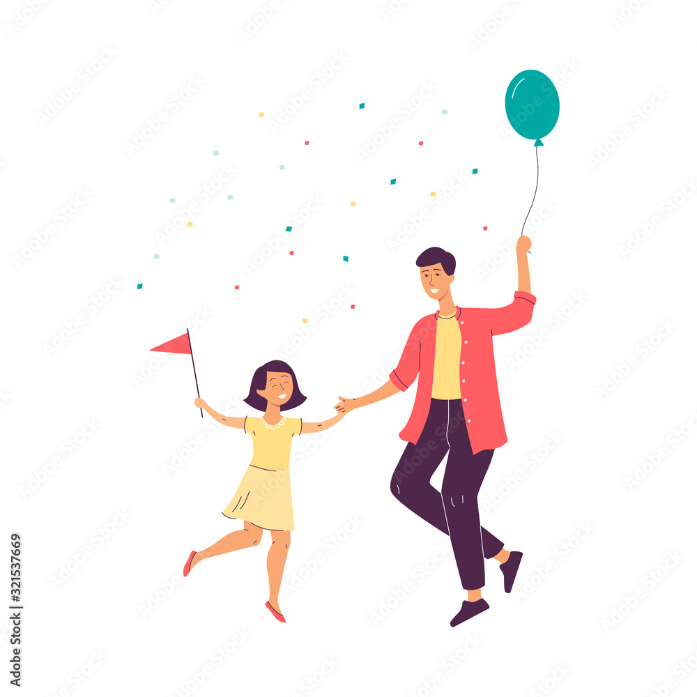 Father with daughter dancing on family party , vector illustration isolated.