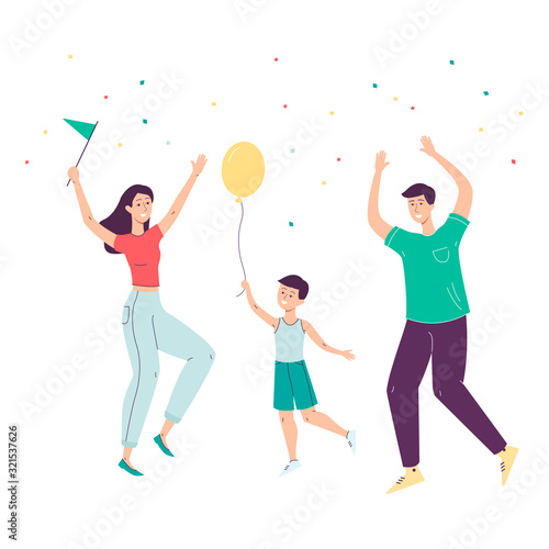Happy cartoon family jumping in celebration - mother, father and son