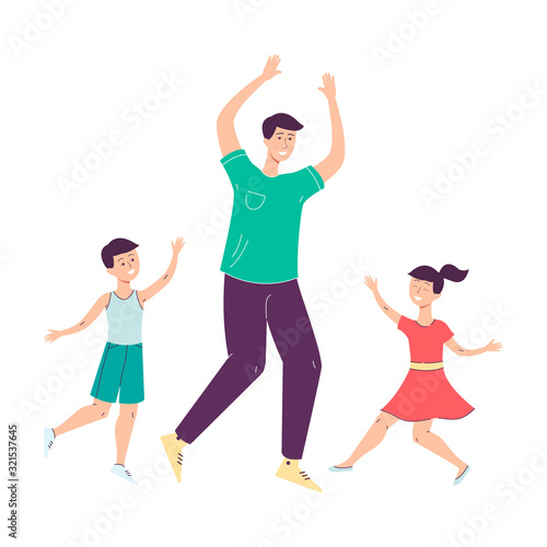 Father and children dancing and having fun together, flat vector illustration isolated.