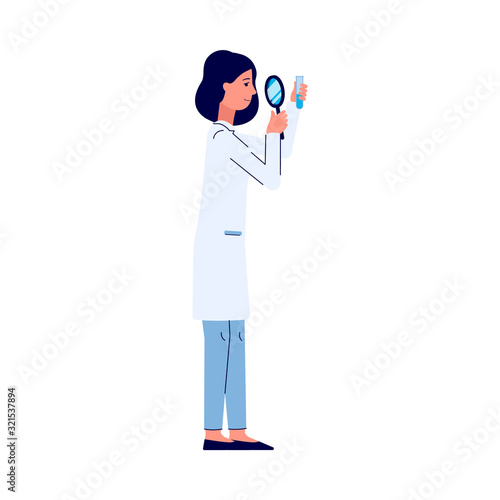 Scientist woman with magnifier researching, flat vector illustration isolated.
