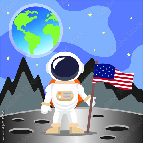 Vector illustration with spaceman and flag of the USA on the moon land. Earth planet and stars on a background.