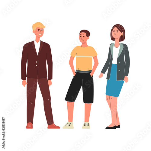 Happy cartoon family with teenage son - young parents and male teenager